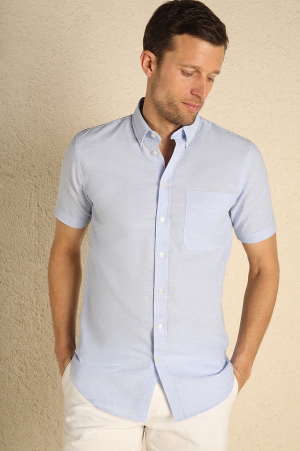 Shirt with short sleeves BLUE LINEN VICHY