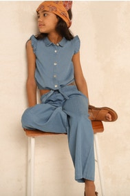 Knotted blouse flounces bui BLUE LYOCELL