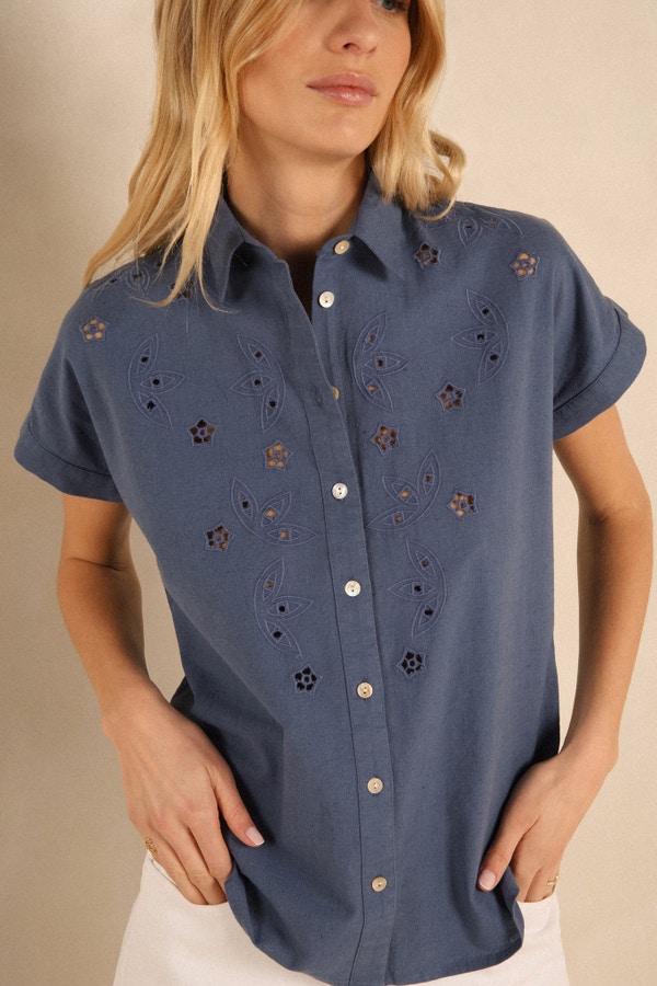 Embroidered linen blouse BLUE HEATHER