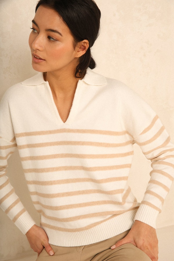 Pull col polo mousseux CAMEL STRIPE